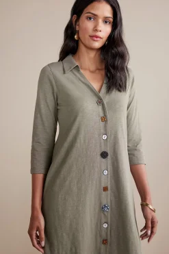 Soft Surroundings 3/4 Sleeve Danielle Button Dress> solids|short