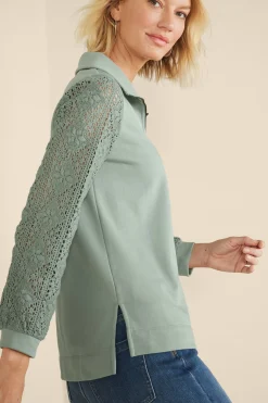 Soft Surroundings Crochet Sleeve French Terry Tunic><noscript><img width=