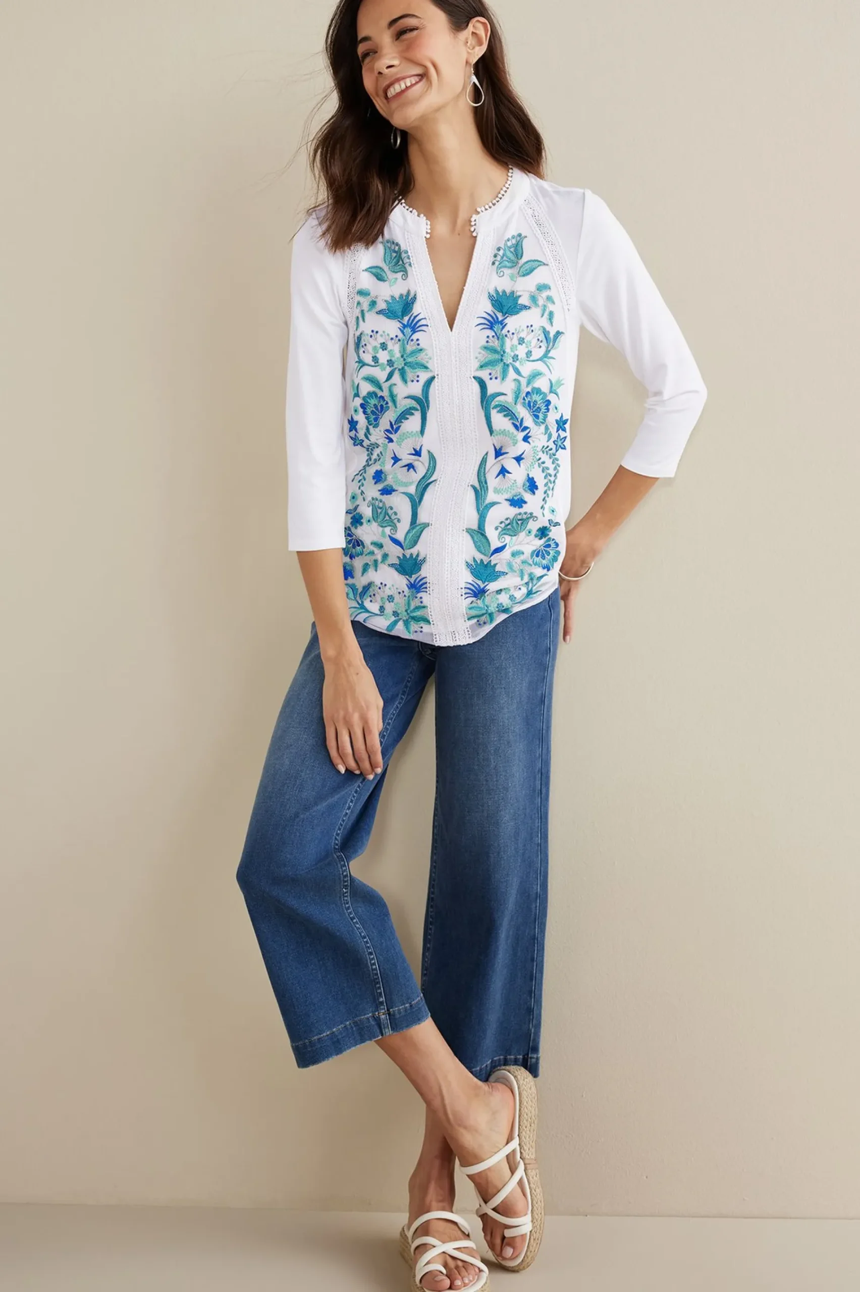 Soft Surroundings Petites Delsie Embroidered Top> Into The Blues|The Floral Shop